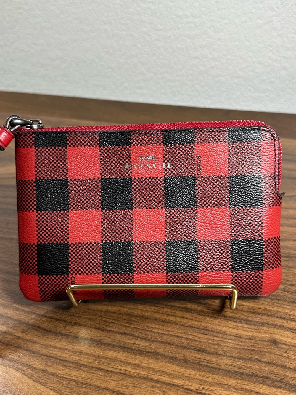 Coach Red and Black Buffalo Check Wristlet